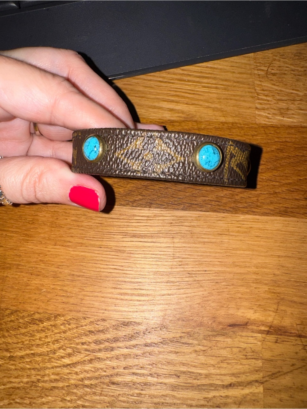 Brown Coated Canvas Bracelet with Turquoise Accent Studs